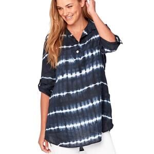 XCVI Women's Rori Linen Roll Tab Sleeve Tunic Top XS